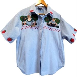 XL 100% Cotton Aplique Button Down Short Sleeve Denim Shirt